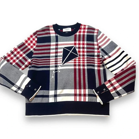 Thom Browne Plaid Kite Sweater 100% Cotton Sz OS Navy/Red - Picture 2 of 10